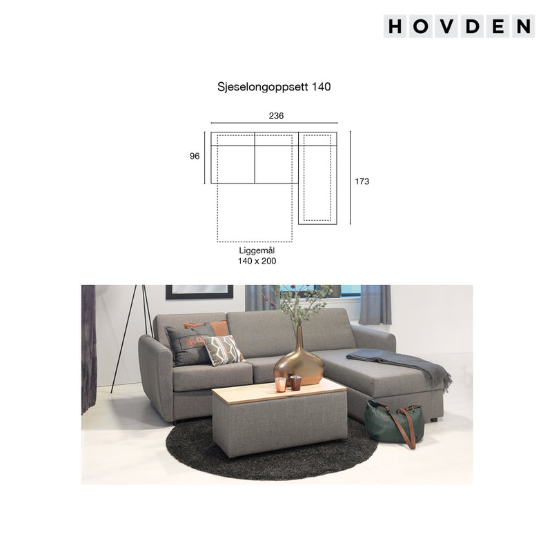 Hovden BED-inside 140 Sovesofa m/ chaiselong